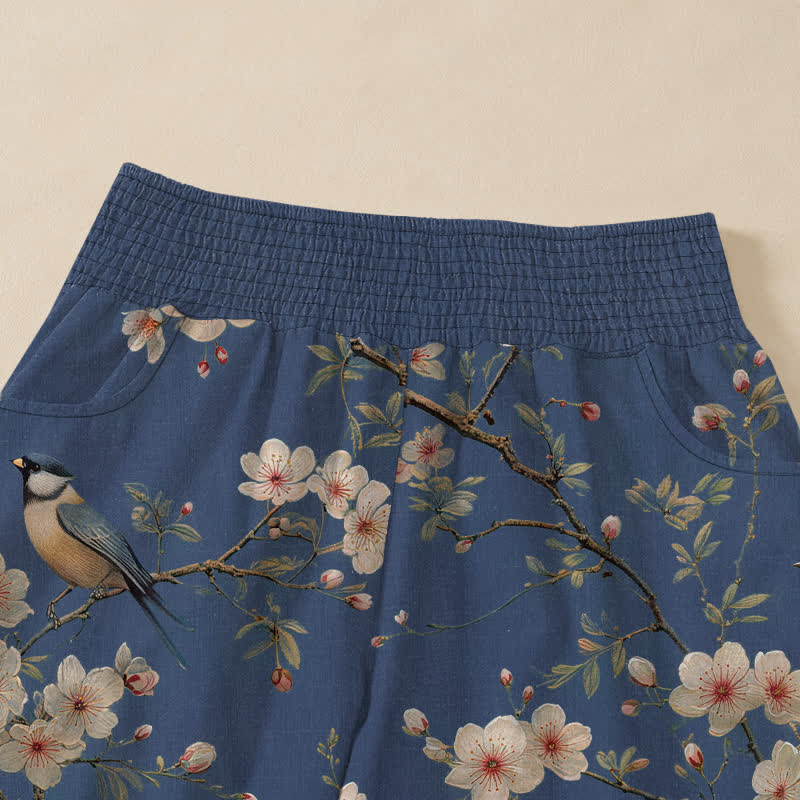 Buddha Stones Cotton Vintage Floral Bird Pattern Pleated Elastic Waist Women's Harem Pants With Pockets - image 4