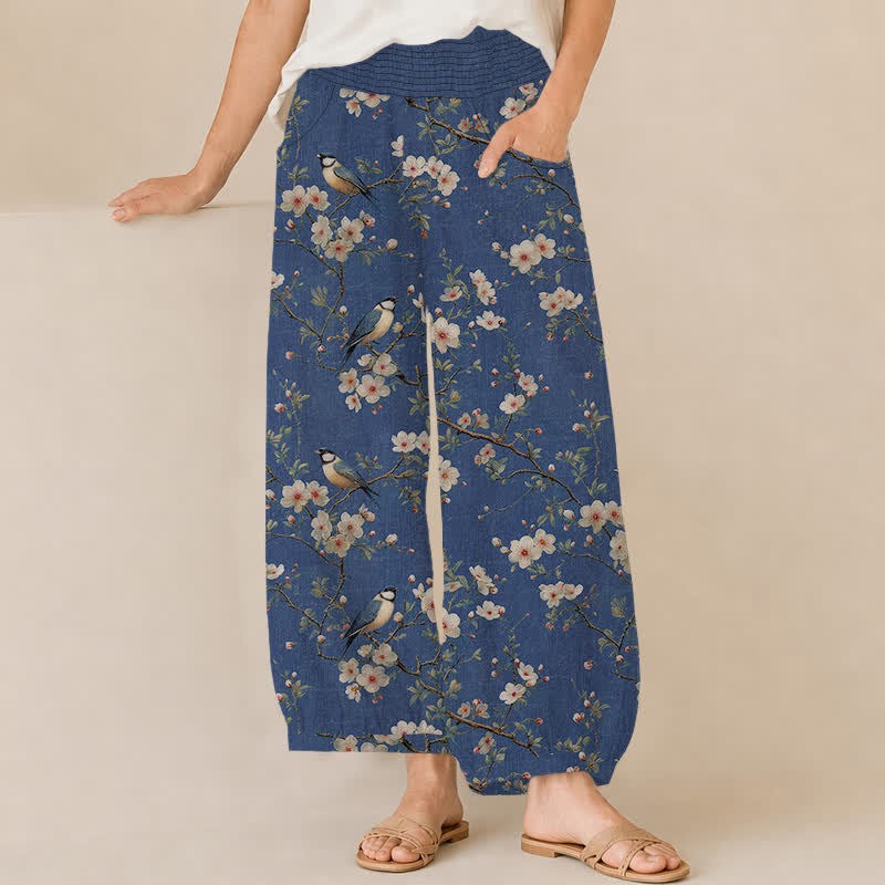 Buddha Stones Cotton Vintage Floral Bird Pattern Pleated Elastic Waist Women's Harem Pants With Pockets - SteelBlue - US16，UK/AU20，EU48 (3XL) - image 0