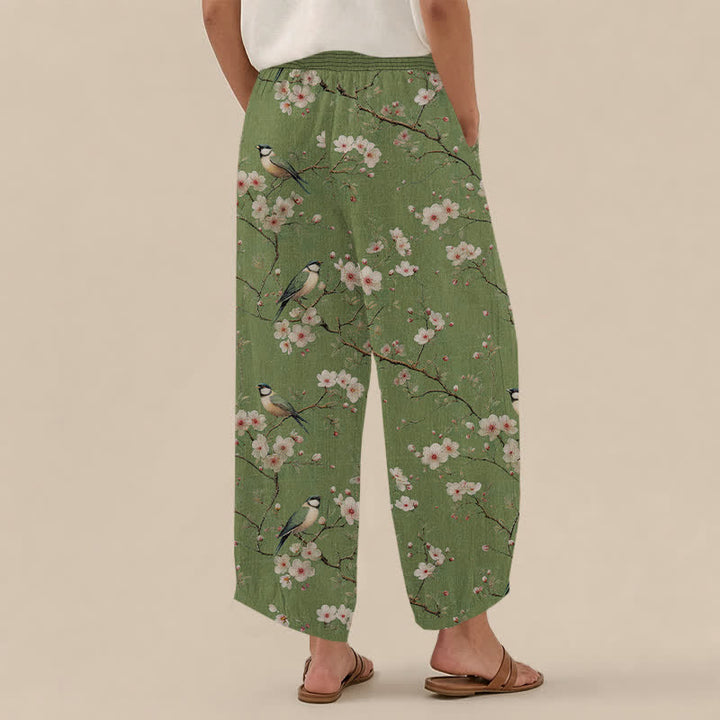 Buddha Stones Cotton Vintage Floral Bird Pattern Pleated Elastic Waist Women's Harem Pants With Pockets - image 8