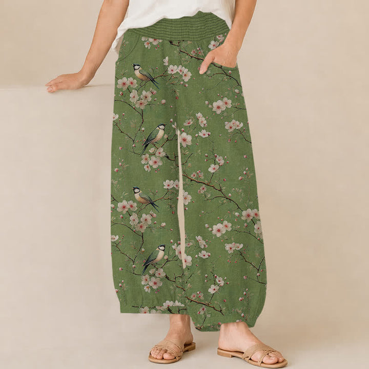 Buddha Stones Cotton Vintage Floral Bird Pattern Pleated Elastic Waist Women's Harem Pants With Pockets - OliveDrab - US16，UK/AU20，EU48 (3XL) - image 6