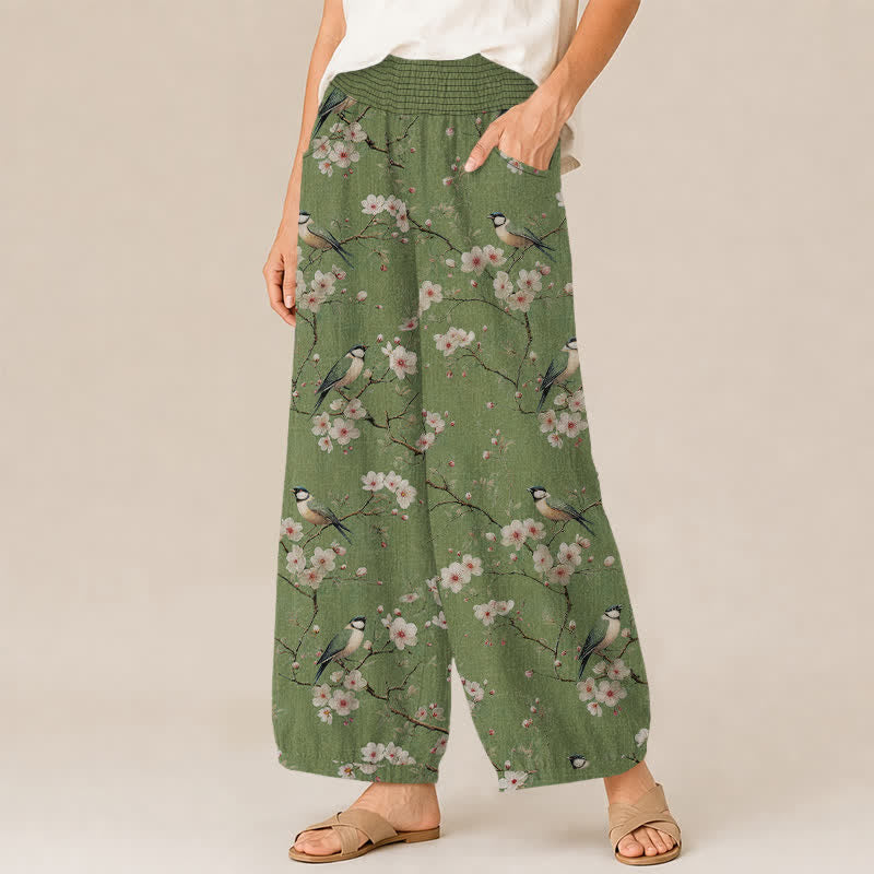 Buddha Stones Cotton Vintage Floral Bird Pattern Pleated Elastic Waist Women's Harem Pants With Pockets - image 7