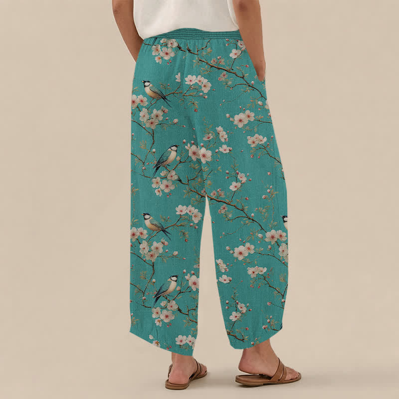 Buddha Stones Cotton Vintage Floral Bird Pattern Pleated Elastic Waist Women's Harem Pants With Pockets - image 12