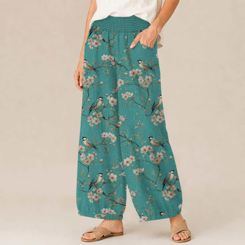 Buddha Stones Cotton Vintage Floral Bird Pattern Pleated Elastic Waist Women's Harem Pants With Pockets - image 11