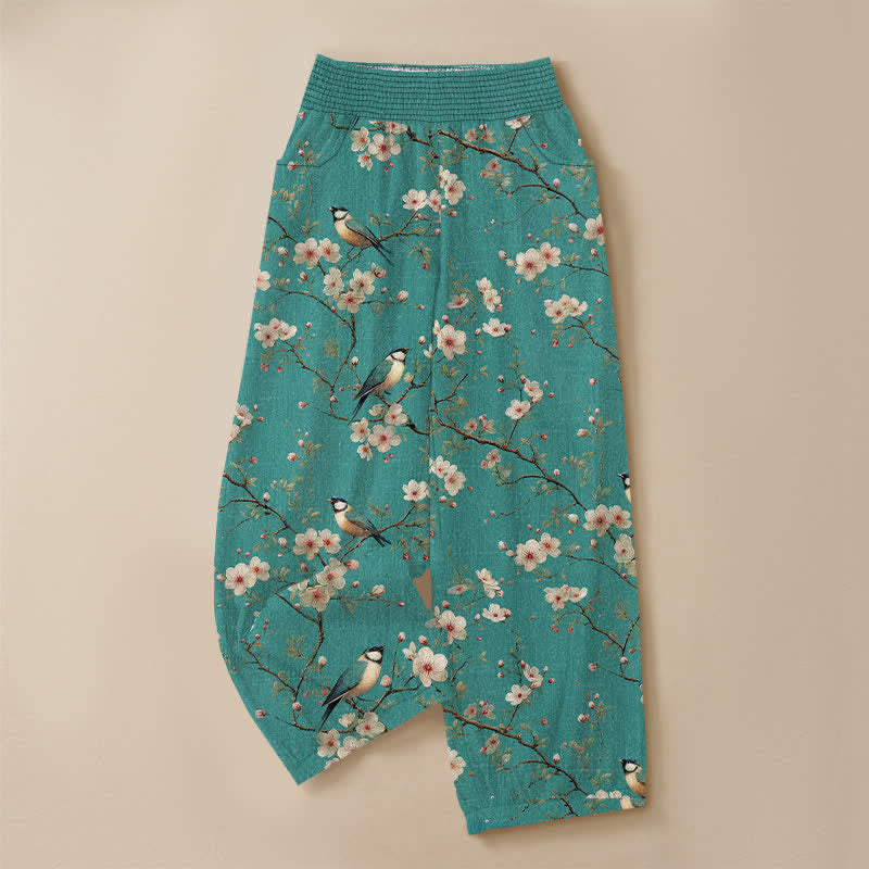 Buddha Stones Cotton Vintage Floral Bird Pattern Pleated Elastic Waist Women's Harem Pants With Pockets - image 13