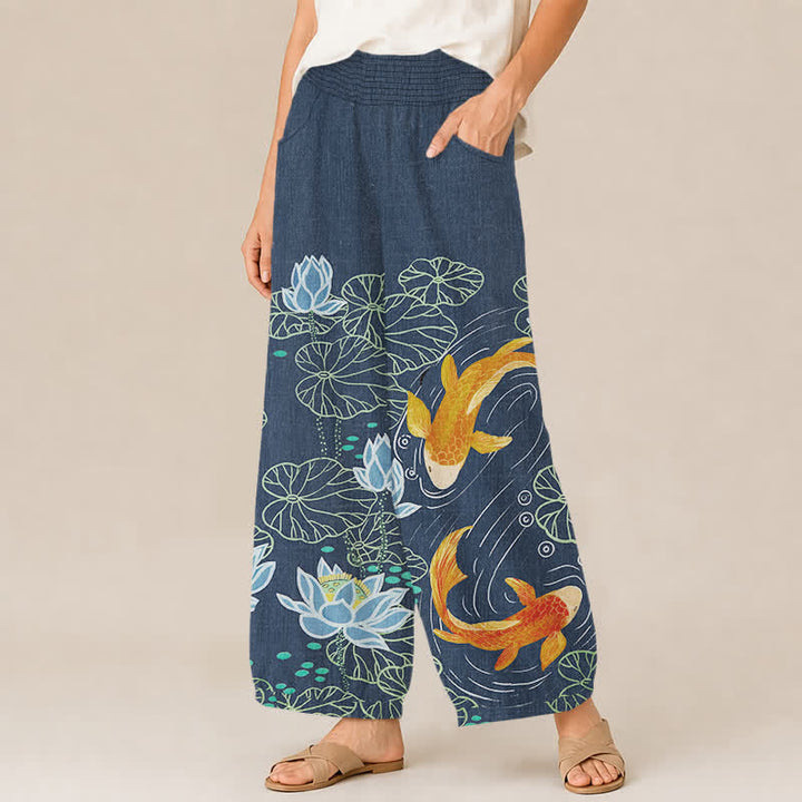 Buddha Stones Cotton Watercolor Lotus Koi Pattern Pleated Elastic Waist Women's Harem Pants With Pockets - image 7
