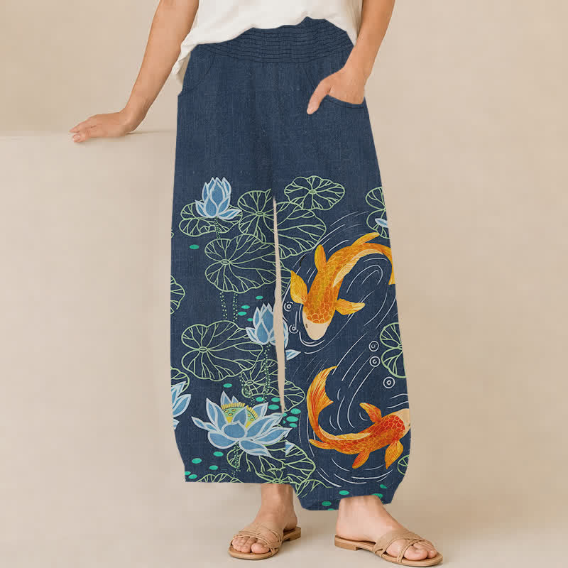 Buddha Stones Cotton Watercolor Lotus Koi Pattern Pleated Elastic Waist Women's Harem Pants With Pockets - Navy - US16，UK/AU20，EU48 (3XL) - image 6