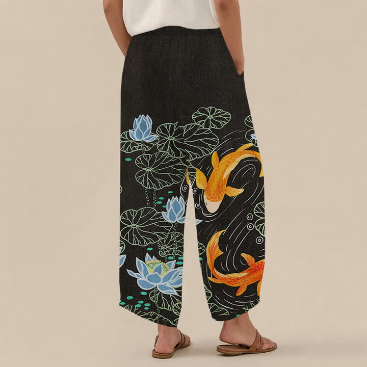 Buddha Stones Cotton Watercolor Lotus Koi Pattern Pleated Elastic Waist Women's Harem Pants With Pockets - image 12
