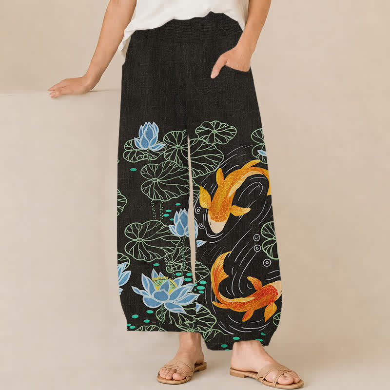 Buddha Stones Cotton Watercolor Lotus Koi Pattern Pleated Elastic Waist Women's Harem Pants With Pockets - Black - US16，UK/AU20，EU48 (3XL) - image 10
