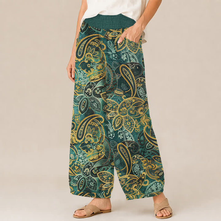 Buddha Stones Cotton Vintage Paisley Floral Pattern Pleated Elastic Waist Women's Harem Pants With Pockets - image 1