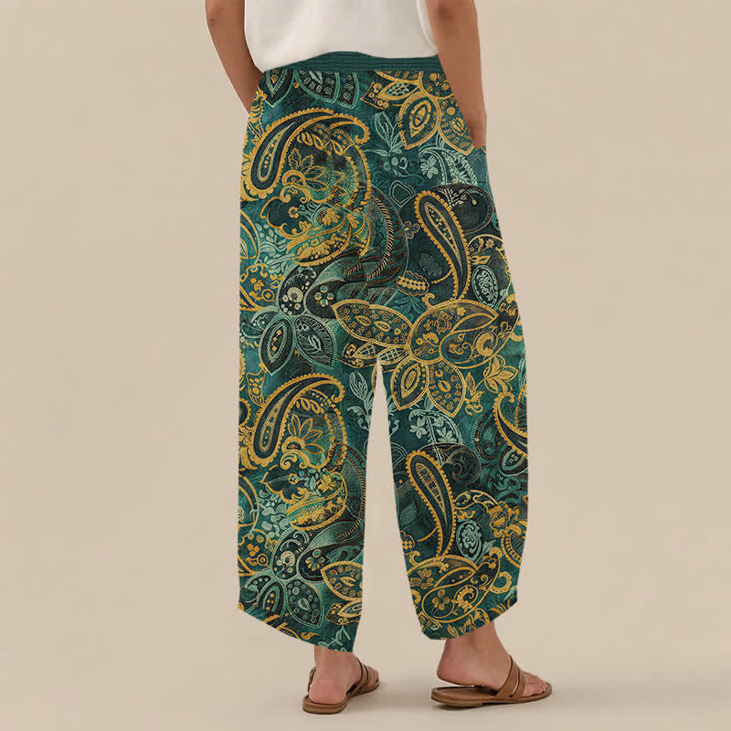 Buddha Stones Cotton Vintage Paisley Floral Pattern Pleated Elastic Waist Women's Harem Pants With Pockets - image 2