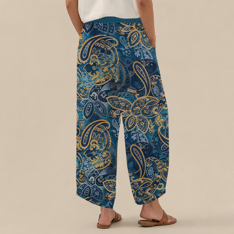 Buddha Stones Cotton Vintage Paisley Floral Pattern Pleated Elastic Waist Women's Harem Pants With Pockets - image 8