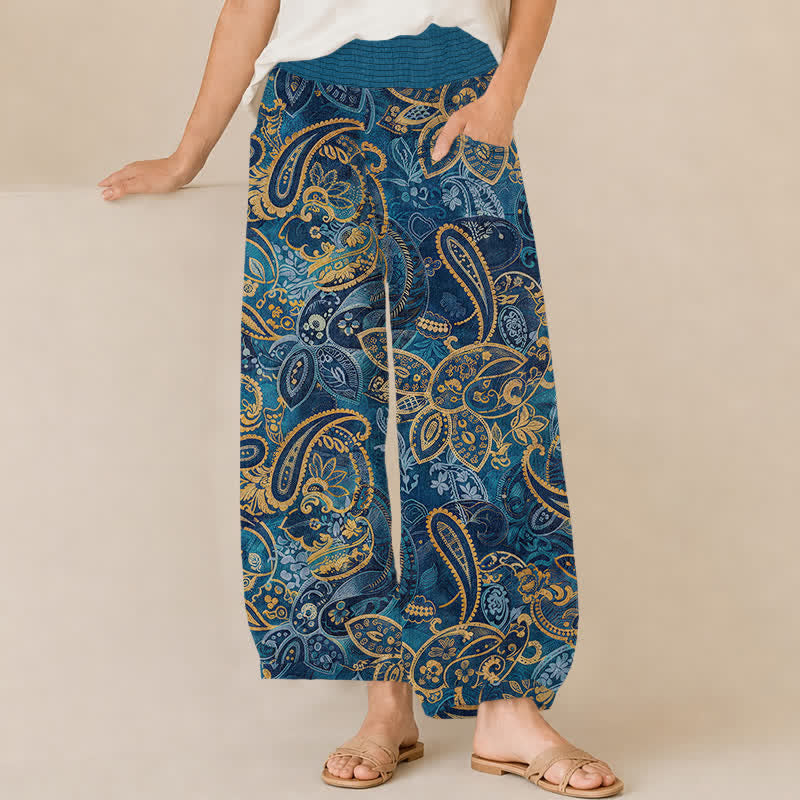 Buddha Stones Cotton Vintage Paisley Floral Pattern Pleated Elastic Waist Women's Harem Pants With Pockets - SteelBlue - US16，UK/AU20，EU48 (3XL) - image 6