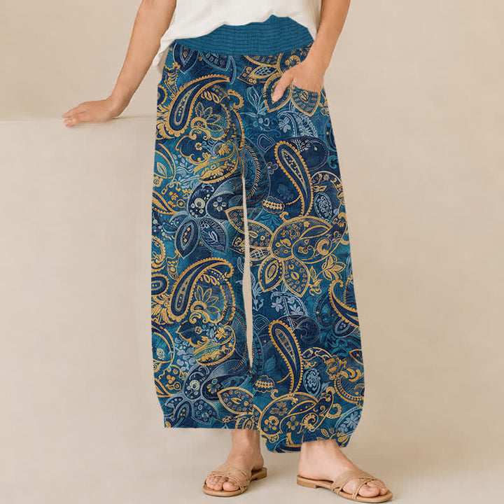 Buddha Stones Cotton Vintage Paisley Floral Pattern Pleated Elastic Waist Women's Harem Pants With Pockets - SteelBlue - US16，UK/AU20，EU48 (3XL) - image 6