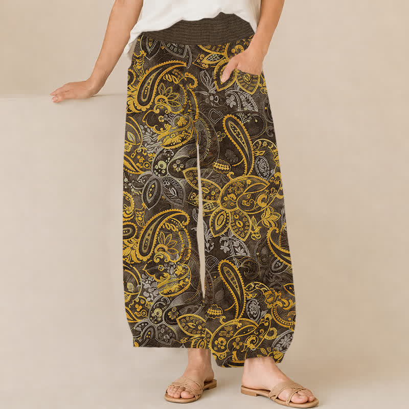 Buddha Stones Cotton Vintage Paisley Floral Pattern Pleated Elastic Waist Women's Harem Pants With Pockets - Sienna - US16，UK/AU20，EU48 (3XL) - image 10