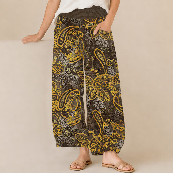Buddha Stones Cotton Vintage Paisley Floral Pattern Pleated Elastic Waist Women's Harem Pants With Pockets - Sienna - US16，UK/AU20，EU48 (3XL) - image 10