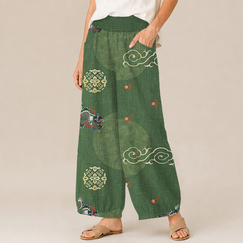 Buddha Stones Cotton Vintage Dragon Totem Pattern Pleated Elastic Waist Women's Harem Pants With Pockets - image 1