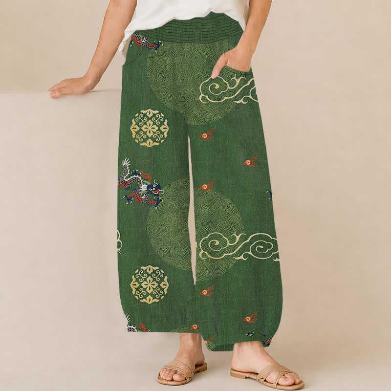 Buddha Stones Cotton Vintage Dragon Totem Pattern Pleated Elastic Waist Women's Harem Pants With Pockets - ForestGreen - US16，UK/AU20，EU48 (3XL) - image 0