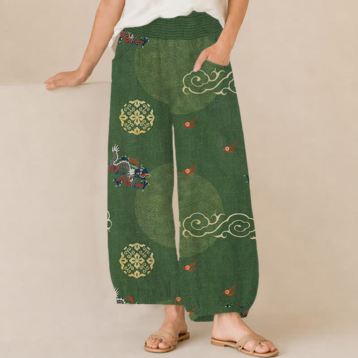 Buddha Stones Cotton Vintage Dragon Totem Pattern Pleated Elastic Waist Women's Harem Pants With Pockets - ForestGreen - US16，UK/AU20，EU48 (3XL) - image 0