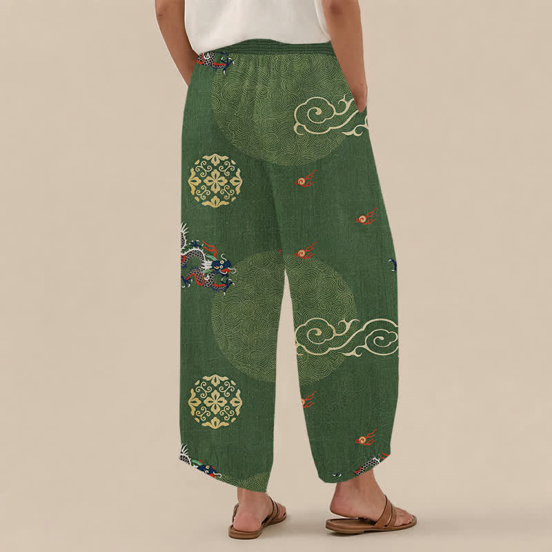 Buddha Stones Cotton Vintage Dragon Totem Pattern Pleated Elastic Waist Women's Harem Pants With Pockets - image 2