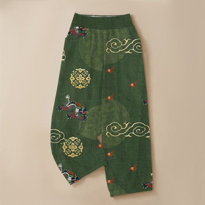 Buddha Stones Cotton Vintage Dragon Totem Pattern Pleated Elastic Waist Women's Harem Pants With Pockets - image 3