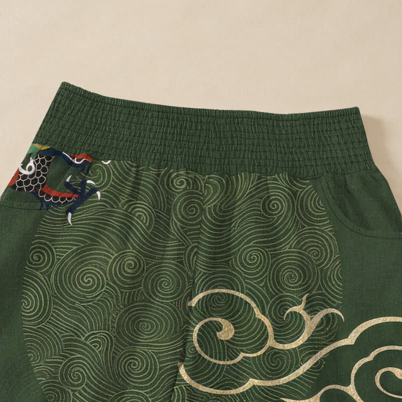 Buddha Stones Cotton Vintage Dragon Totem Pattern Pleated Elastic Waist Women's Harem Pants With Pockets - image 4
