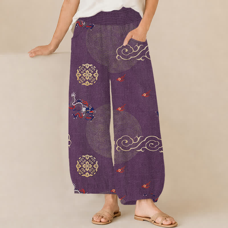 Buddha Stones Cotton Vintage Dragon Totem Pattern Pleated Elastic Waist Women's Harem Pants With Pockets - Purple - US16，UK/AU20，EU48 (3XL) - image 6