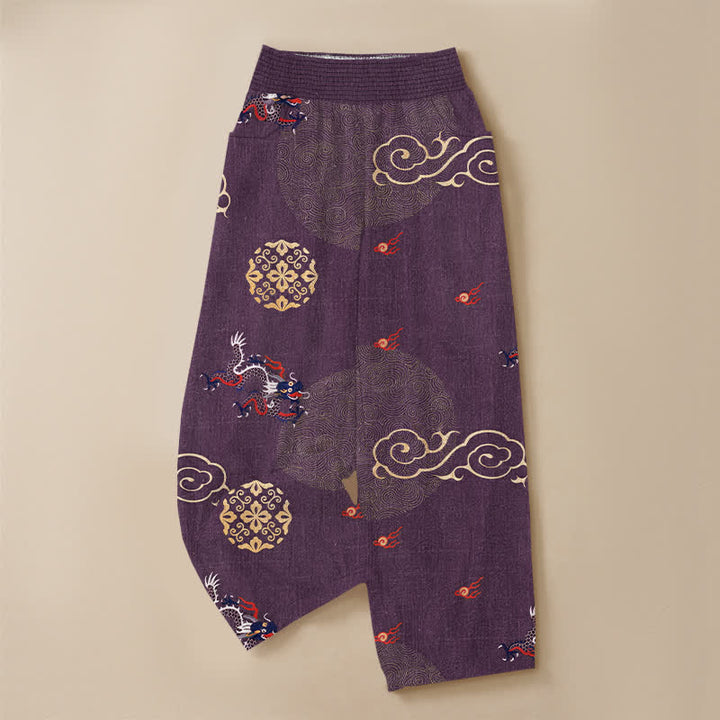 Buddha Stones Cotton Vintage Dragon Totem Pattern Pleated Elastic Waist Women's Harem Pants With Pockets - image 9