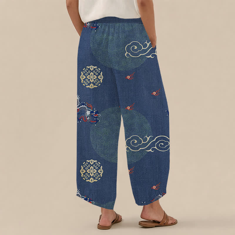 Buddha Stones Cotton Vintage Dragon Totem Pattern Pleated Elastic Waist Women's Harem Pants With Pockets - image 12