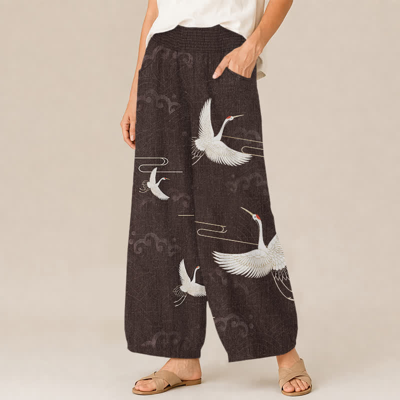 Buddha Stones Cotton Vintage White Crane Pattern Pleated Elastic Waist Women's Harem Pants With Pockets - image 1
