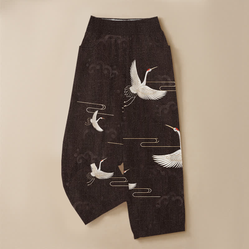 Buddha Stones Cotton Vintage White Crane Pattern Pleated Elastic Waist Women's Harem Pants With Pockets - image 3