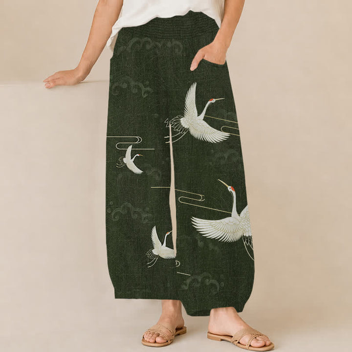 Buddha Stones Cotton Vintage White Crane Pattern Pleated Elastic Waist Women's Harem Pants With Pockets - DarkGreen - US16，UK/AU20，EU48 (3XL) - image 6