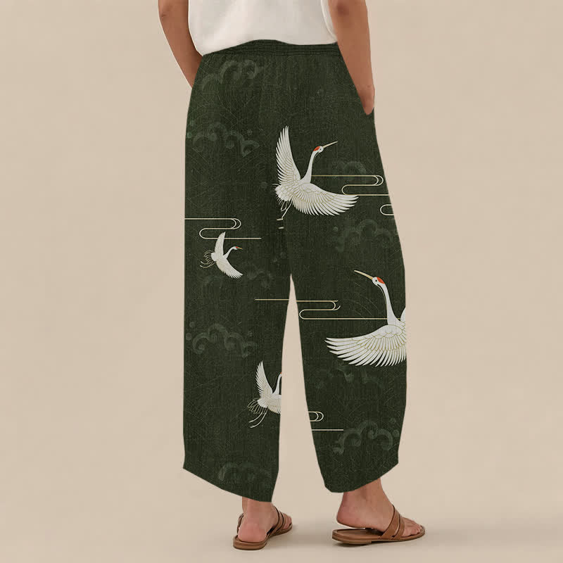 Buddha Stones Cotton Vintage White Crane Pattern Pleated Elastic Waist Women's Harem Pants With Pockets - image 8