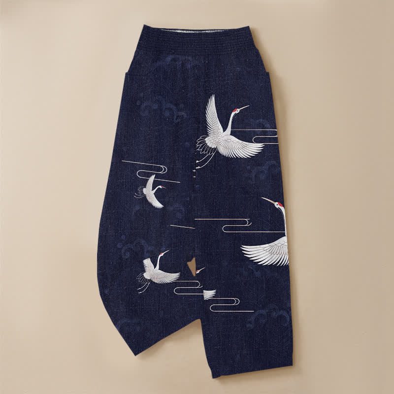 Buddha Stones Cotton Vintage White Crane Pattern Pleated Elastic Waist Women's Harem Pants With Pockets - image 13