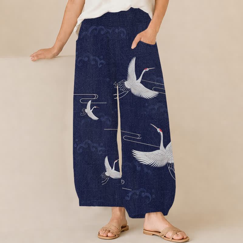 Buddha Stones Cotton Vintage White Crane Pattern Pleated Elastic Waist Women's Harem Pants With Pockets - Navy - US16，UK/AU20，EU48 (3XL) - image 10