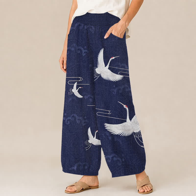 Buddha Stones Cotton Vintage White Crane Pattern Pleated Elastic Waist Women's Harem Pants With Pockets - image 11