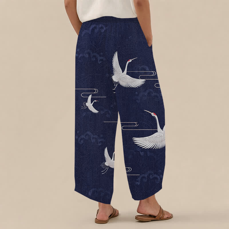Buddha Stones Cotton Vintage White Crane Pattern Pleated Elastic Waist Women's Harem Pants With Pockets - image 12
