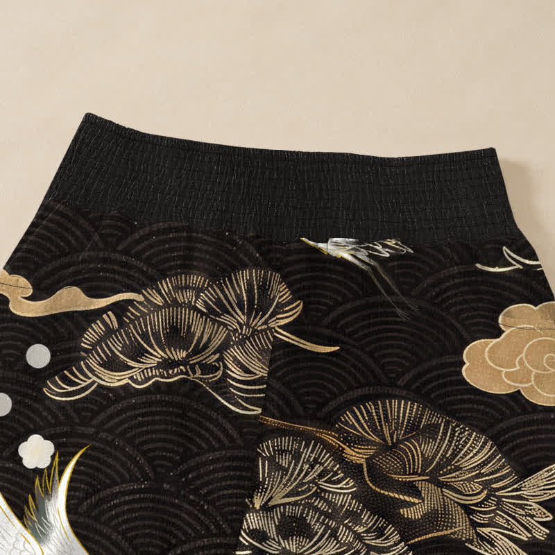 Buddha Stones Cotton Crane And Cloud Pattern Pleated Elastic Waist Women's Harem Pants With Pockets - image 4