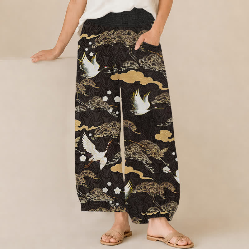 Buddha Stones Cotton Crane And Cloud Pattern Pleated Elastic Waist Women's Harem Pants With Pockets - Black - US16，UK/AU20，EU48 (3XL) - image 0