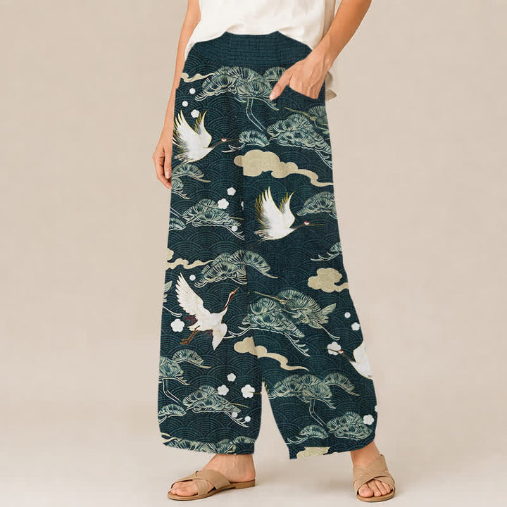Buddha Stones Cotton Crane And Cloud Pattern Pleated Elastic Waist Women's Harem Pants With Pockets - image 7