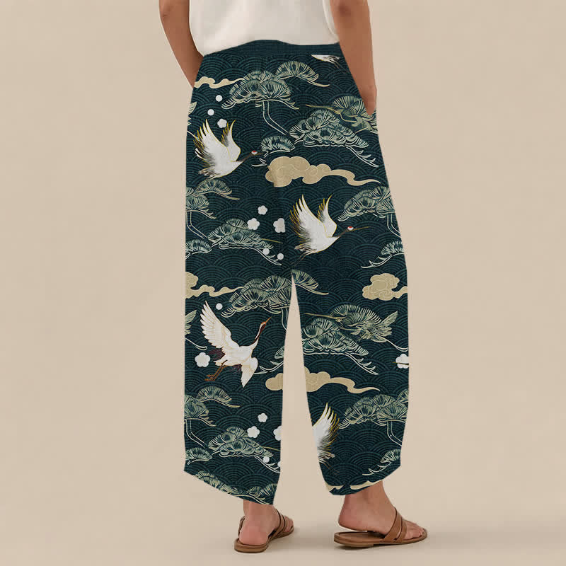 Buddha Stones Cotton Crane And Cloud Pattern Pleated Elastic Waist Women's Harem Pants With Pockets - image 8