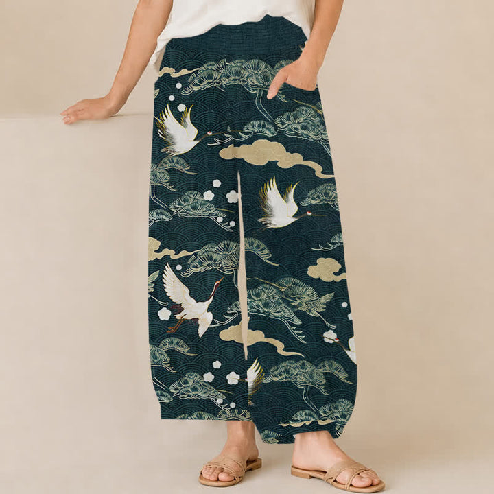 Buddha Stones Cotton Crane And Cloud Pattern Pleated Elastic Waist Women's Harem Pants With Pockets - Teal - US16，UK/AU20，EU48 (3XL) - image 6