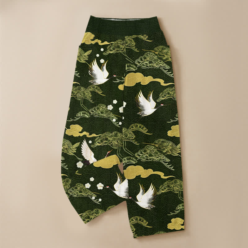 Buddha Stones Cotton Crane And Cloud Pattern Pleated Elastic Waist Women's Harem Pants With Pockets - image 13