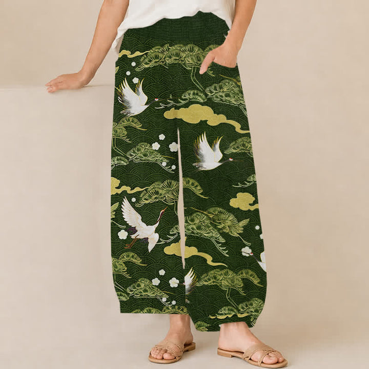 Buddha Stones Cotton Crane And Cloud Pattern Pleated Elastic Waist Women's Harem Pants With Pockets - ForestGreen - US16，UK/AU20，EU48 (3XL) - image 10