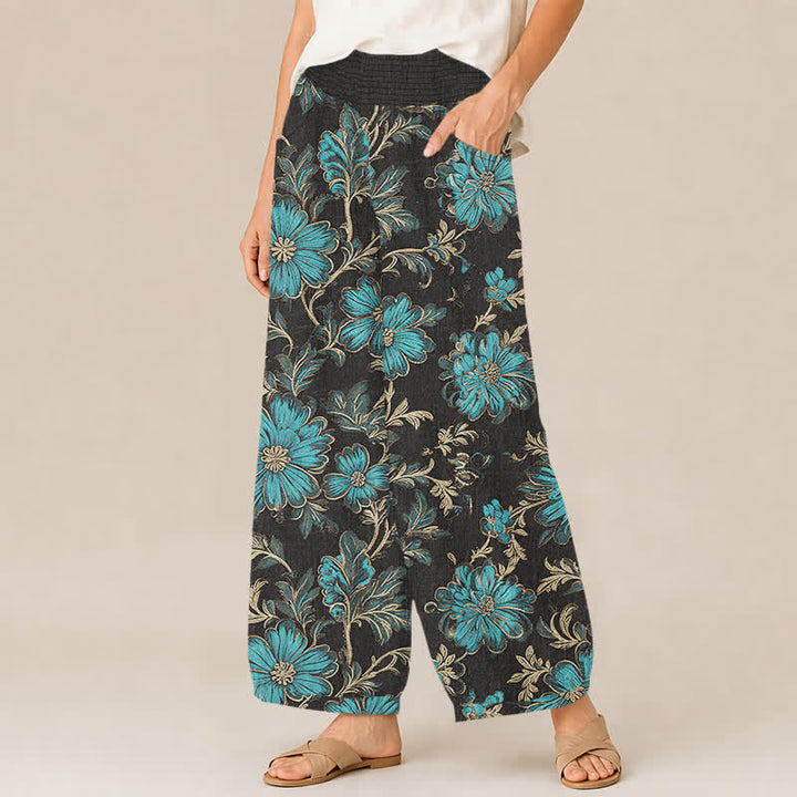 Buddha Stones Cotton Midnight Bloom Botanical Pattern Pleated Elastic Waist Women's Harem Pants With Pockets - image 1