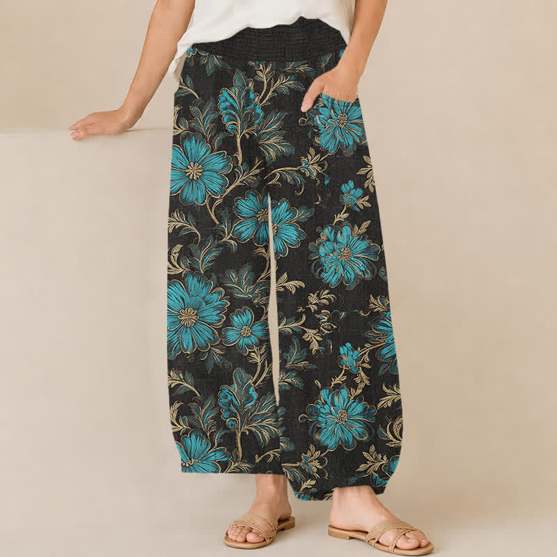 Buddha Stones Cotton Midnight Bloom Botanical Pattern Pleated Elastic Waist Women's Harem Pants With Pockets - Black - US16，UK/AU20，EU48 (3XL) - image 0