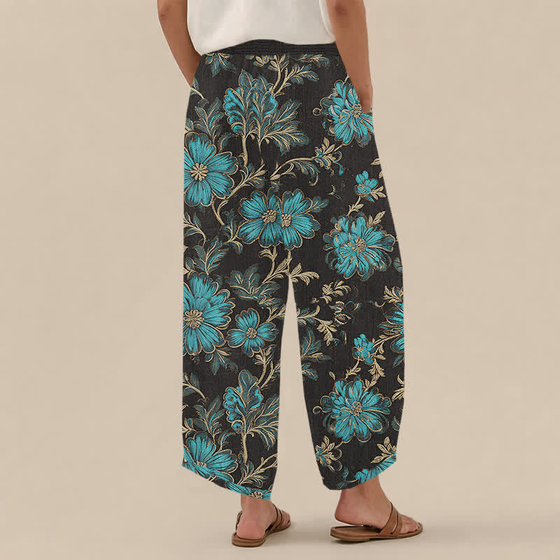 Buddha Stones Cotton Midnight Bloom Botanical Pattern Pleated Elastic Waist Women's Harem Pants With Pockets - image 2