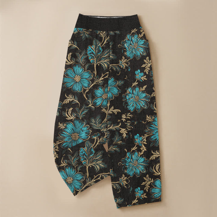 Buddha Stones Cotton Midnight Bloom Botanical Pattern Pleated Elastic Waist Women's Harem Pants With Pockets - image 3