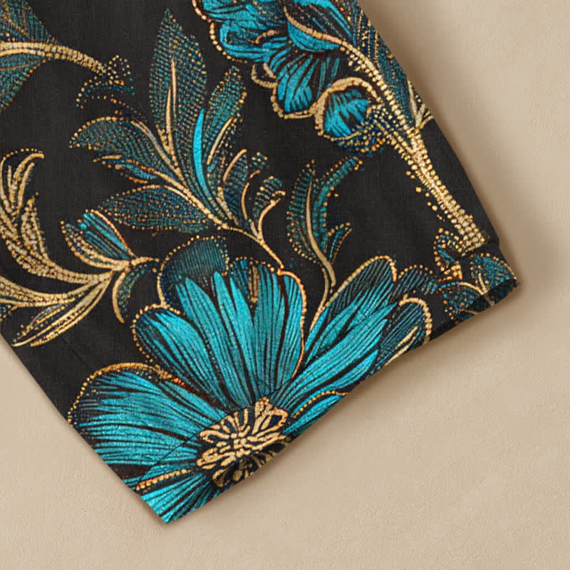 Buddha Stones Cotton Midnight Bloom Botanical Pattern Pleated Elastic Waist Women's Harem Pants With Pockets - image 5