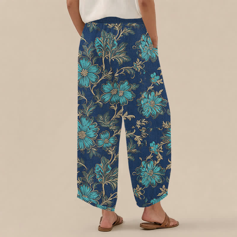Buddha Stones Cotton Midnight Bloom Botanical Pattern Pleated Elastic Waist Women's Harem Pants With Pockets - image 8