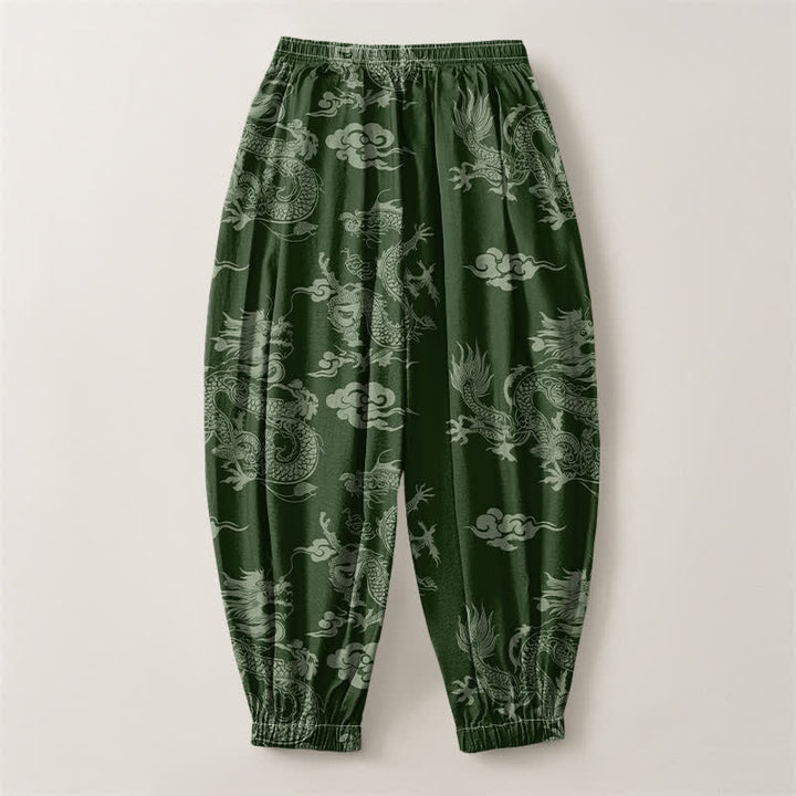 Buddha Stones Pure Cotton Dragon Clouds Pattern Drawstring Men's Harem Pants With Pockets - image 8